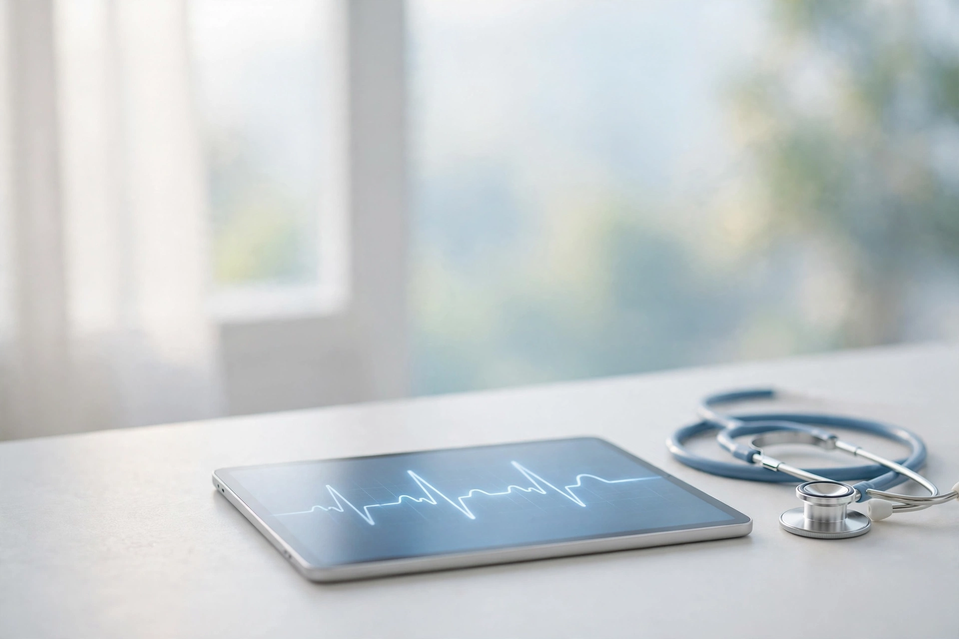 A tablet showing a diagnostic waveform beside a stethoscope on a bright clinic desk
