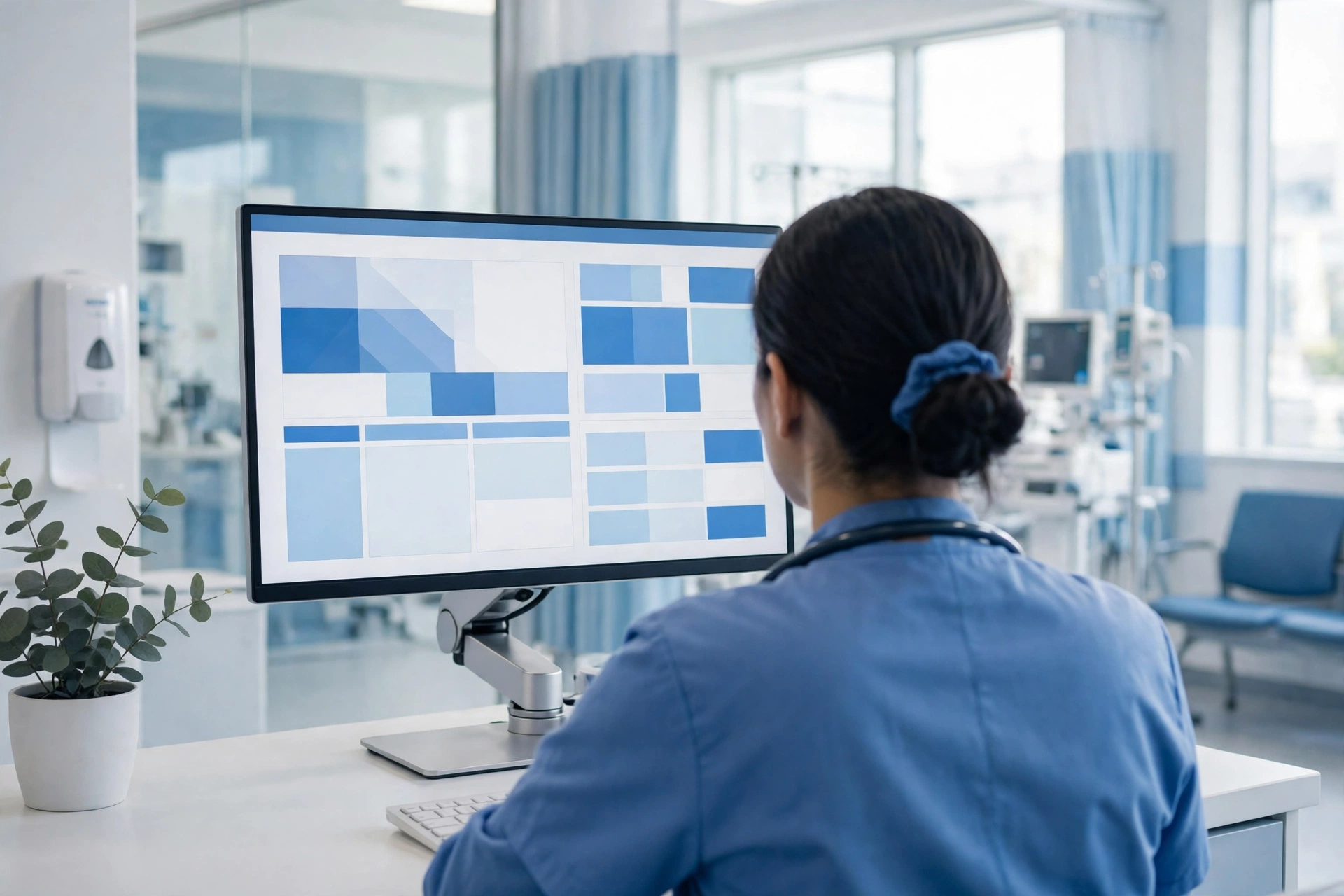 A clinician seen from behind reviewing a triage screen in an emergency department