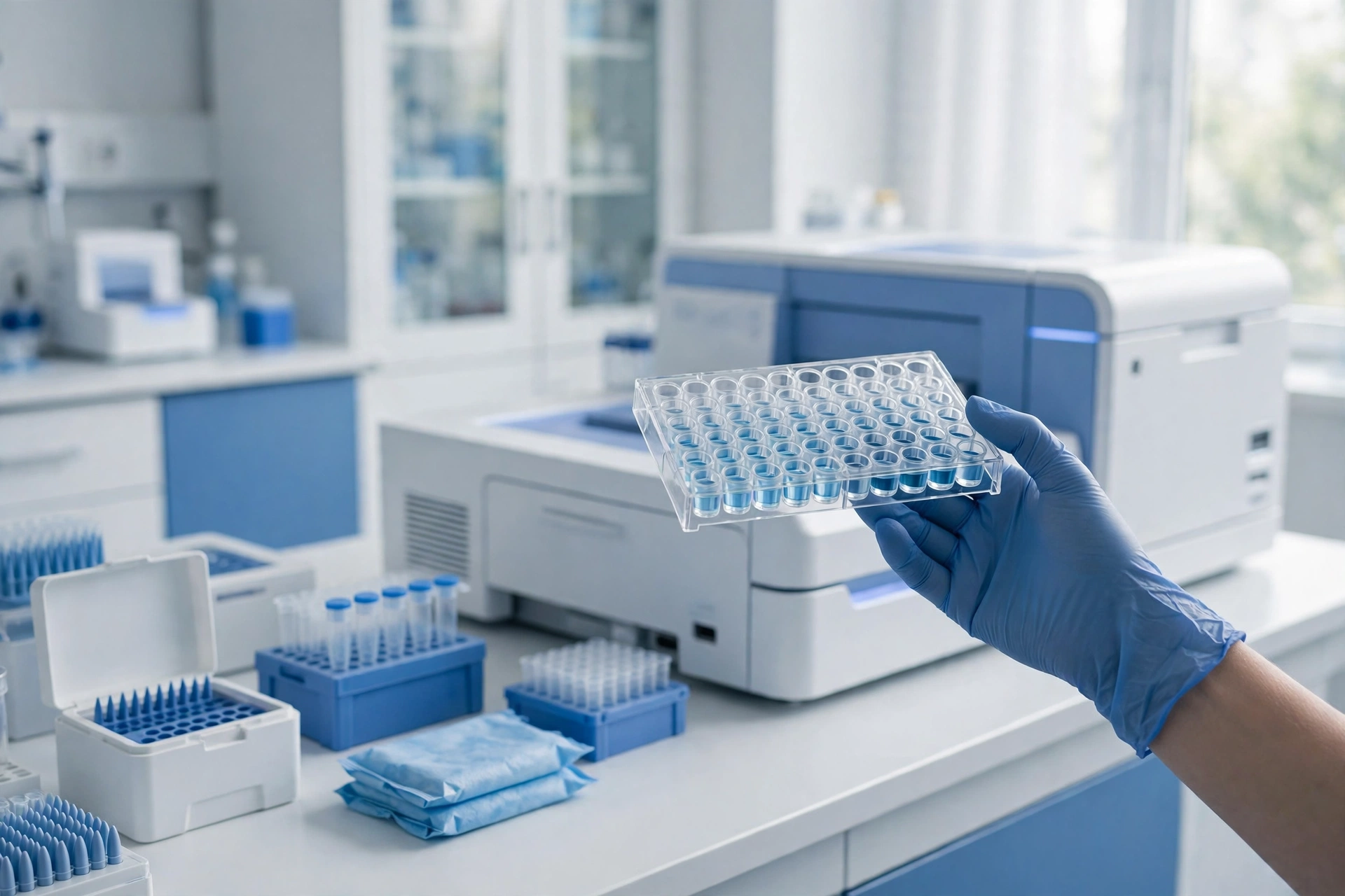 A gloved hand holding a sample tray in a bright genomics laboratory