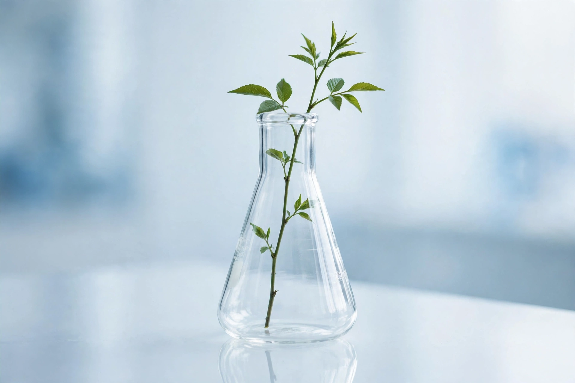 Un solo tallo botánico en un frasco de vidrio de laboratorio, luz brillante y amplio espacio vacío