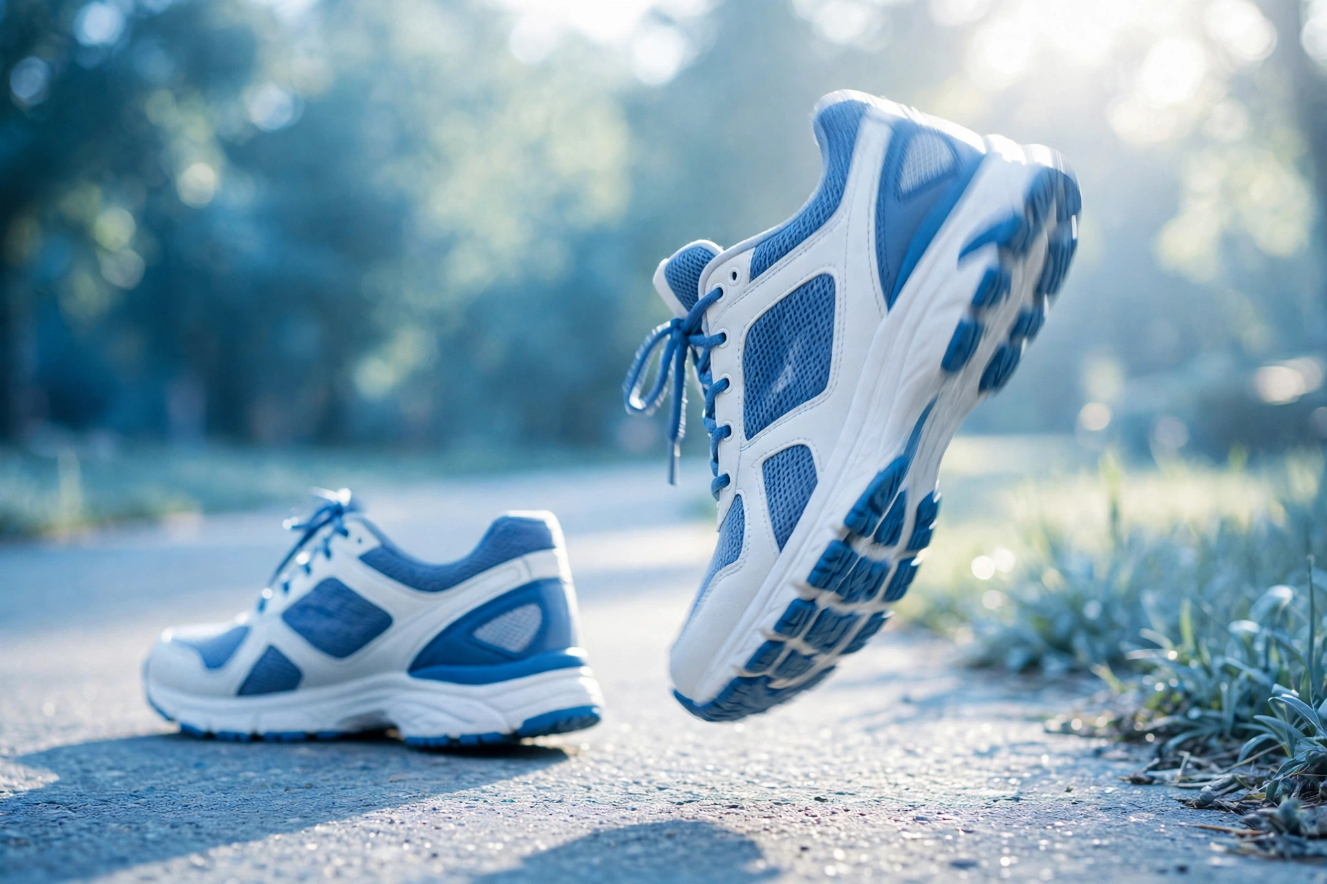 Walking shoes mid-stride on a park path in morning light