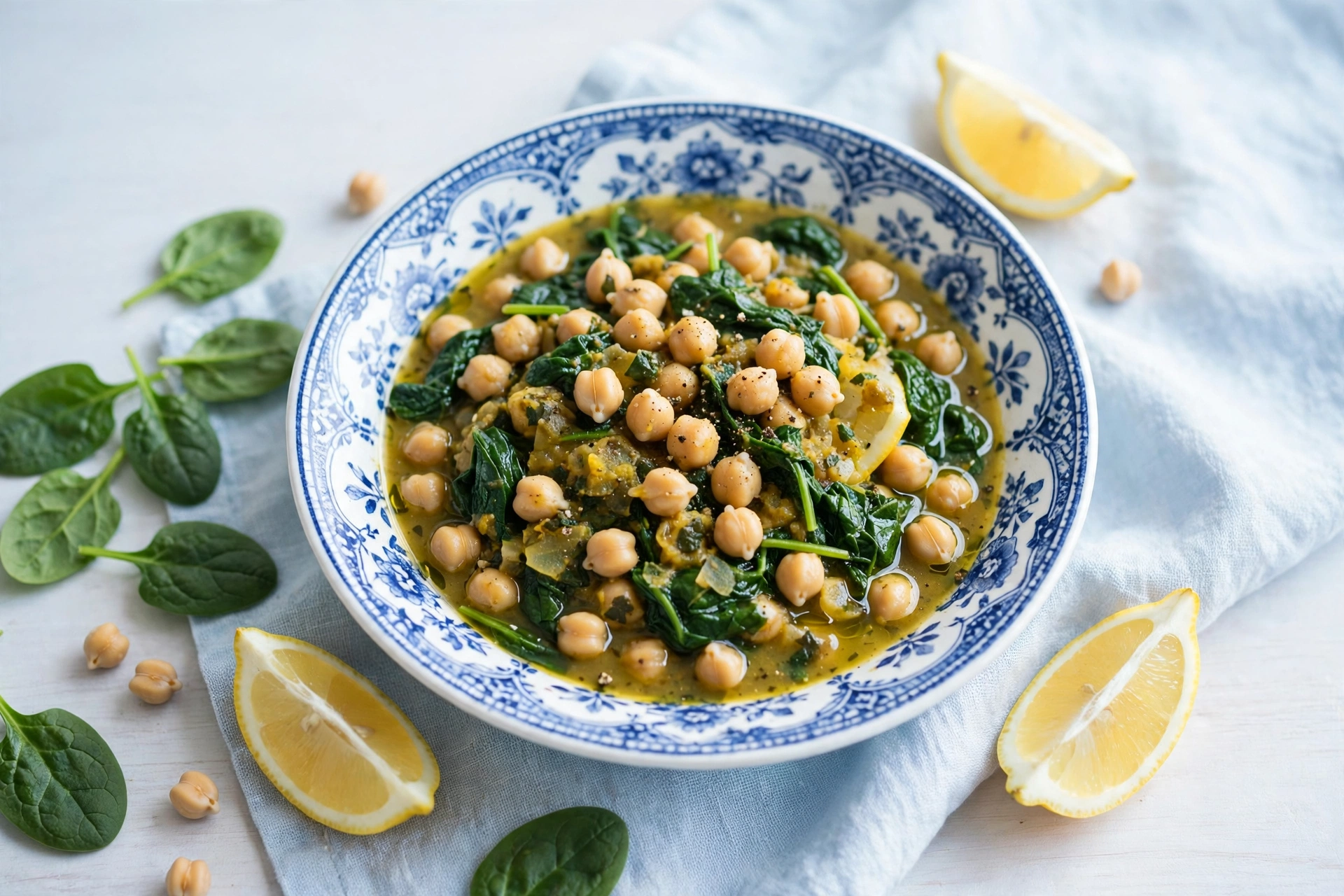 A bowl of chickpea and spinach stew with lemon wedges