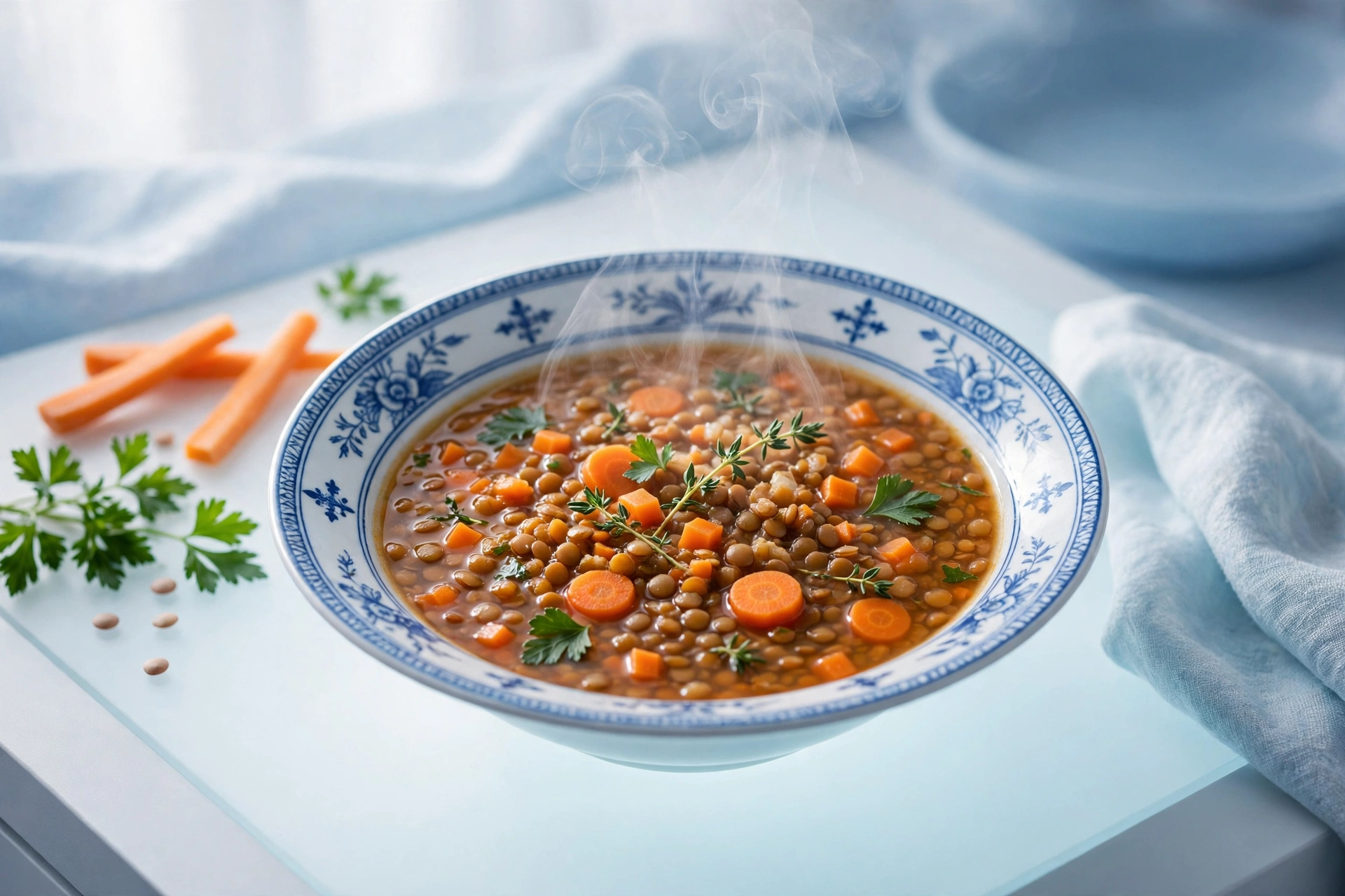 A steaming bowl of lentil soup with carrots and herbs