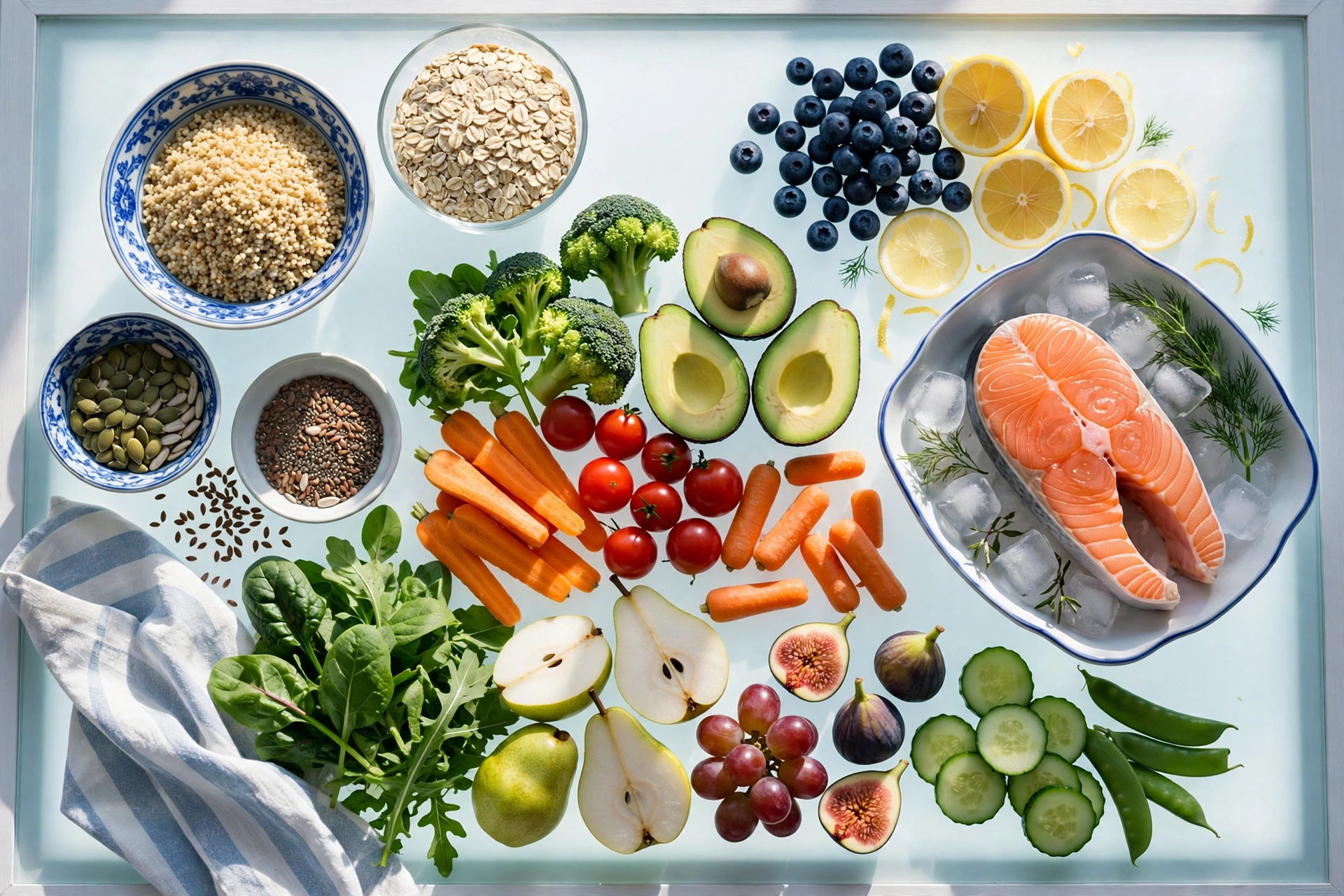 A table of vegetables, whole grains, fish, and fruit in morning light