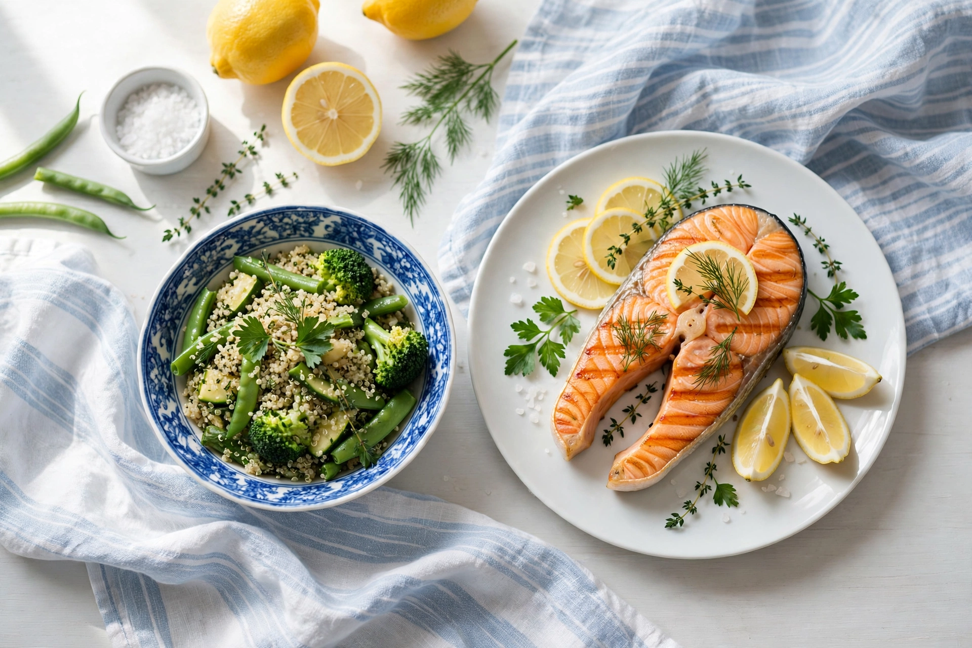 Grilled salmon with lemon and herbs beside quinoa with green vegetables
