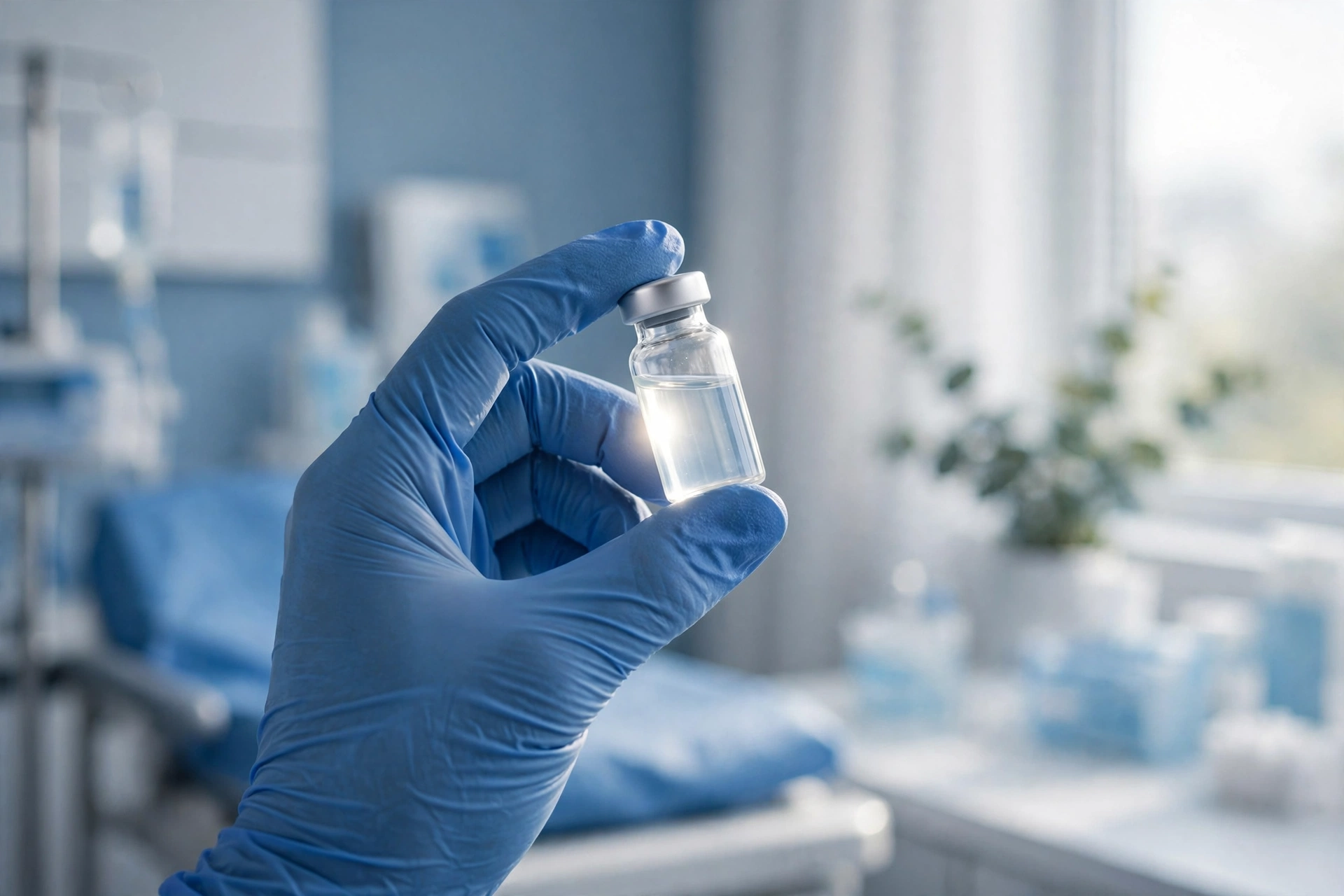 A gloved hand holding a small immunotherapy vial in a bright clinic