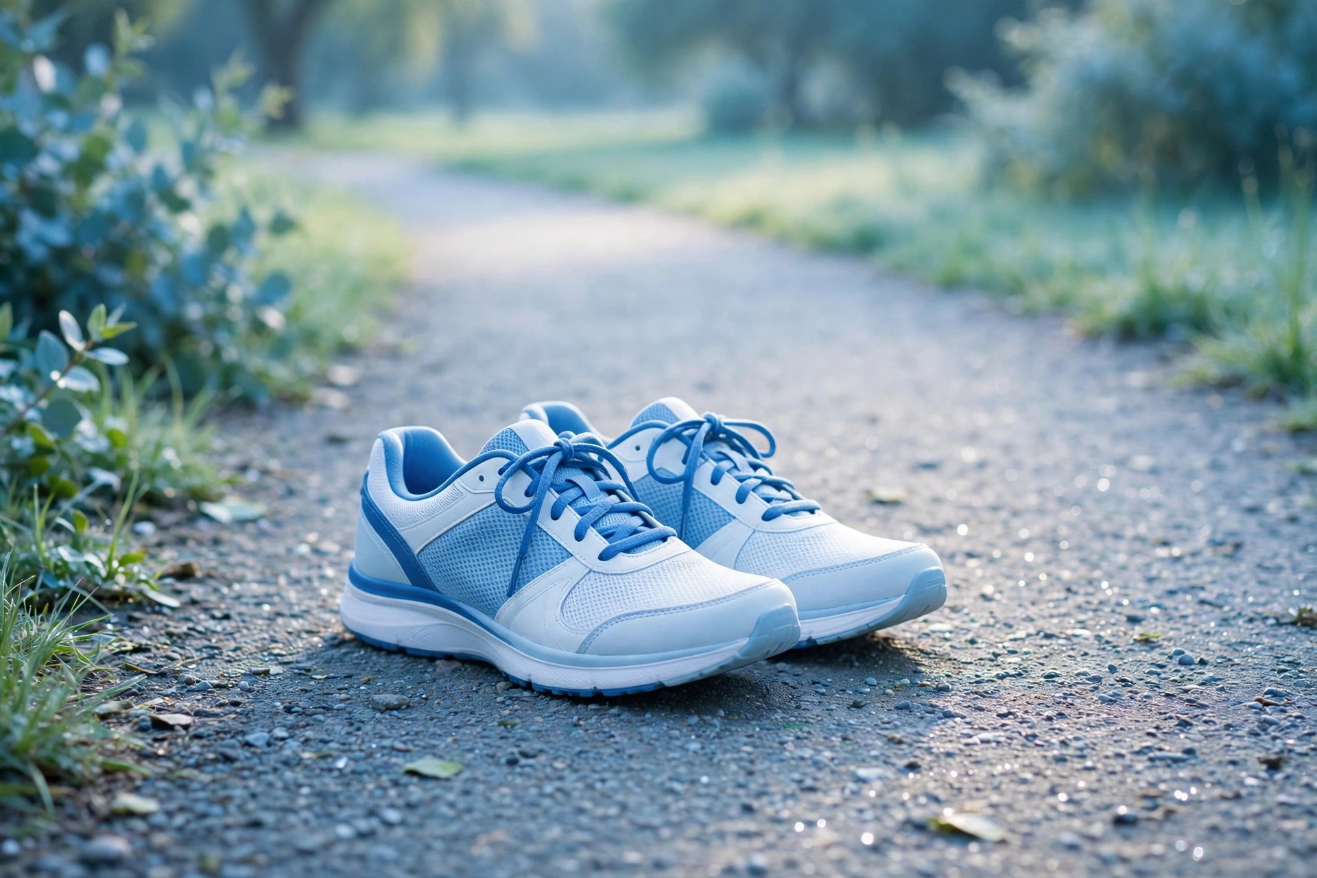 Walking shoes on a park path in soft morning light