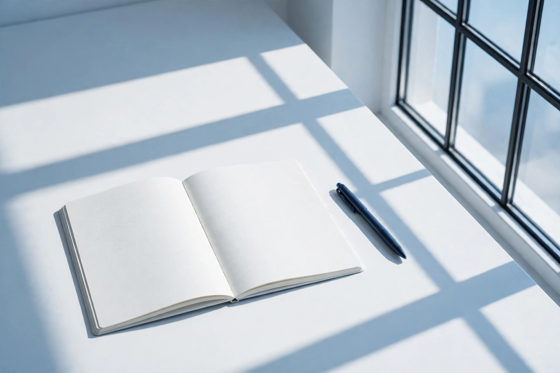 An open notebook and a pen resting in window light on a light desk