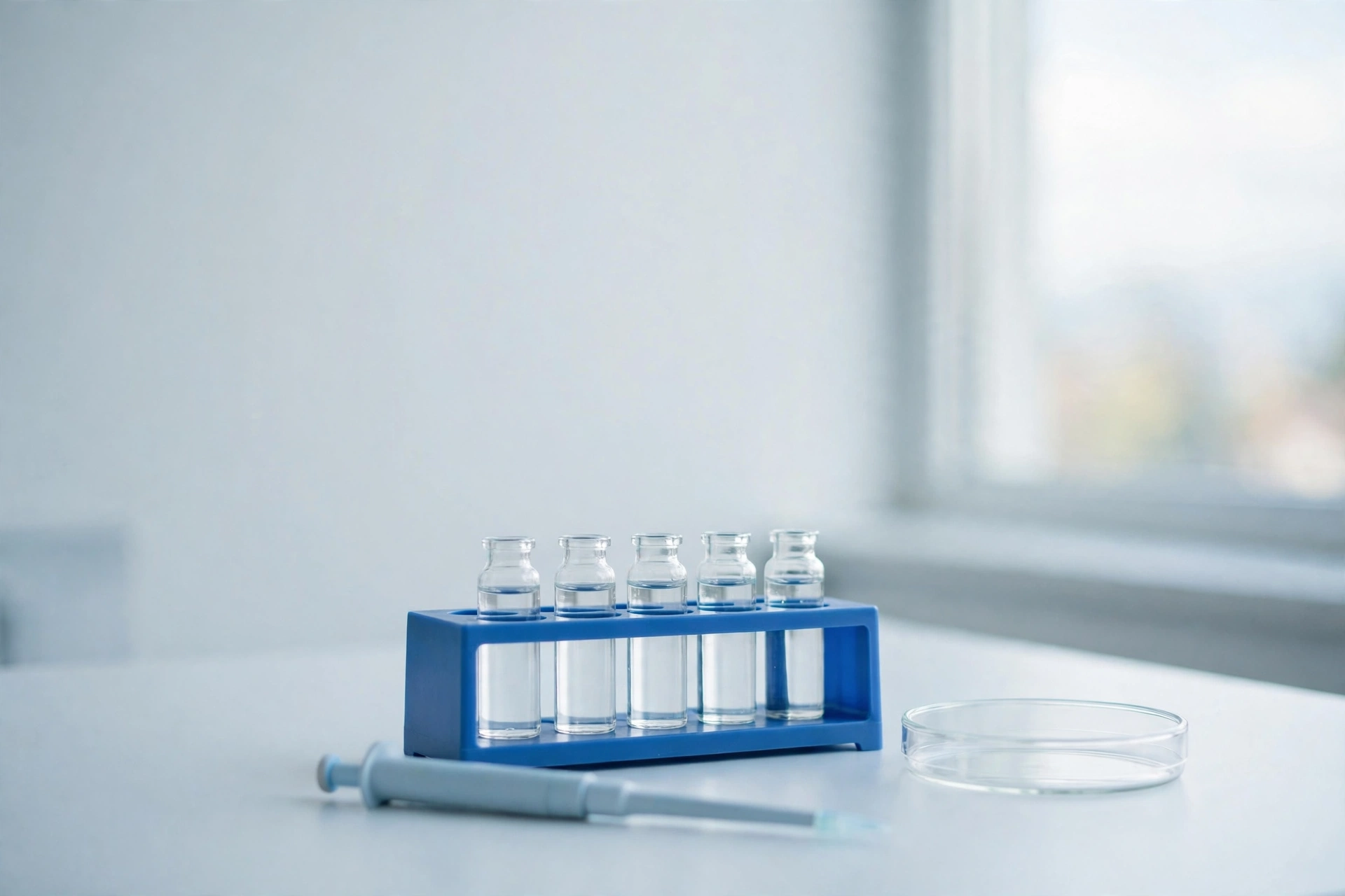 Glass vials and a pipette on a bright virology research bench