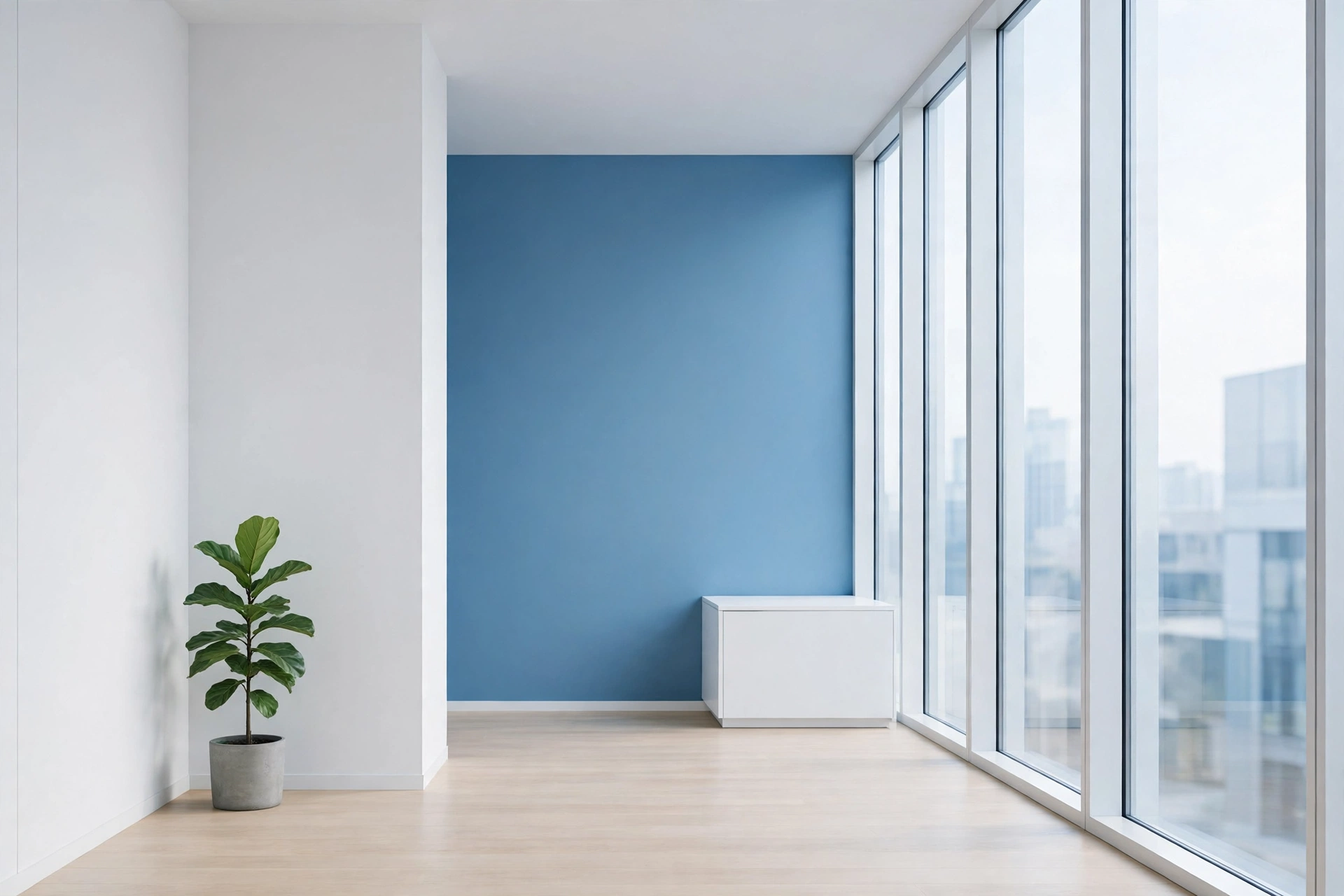 Un interior luminoso y minimalista con una pared de acento y una sola planta de olivo