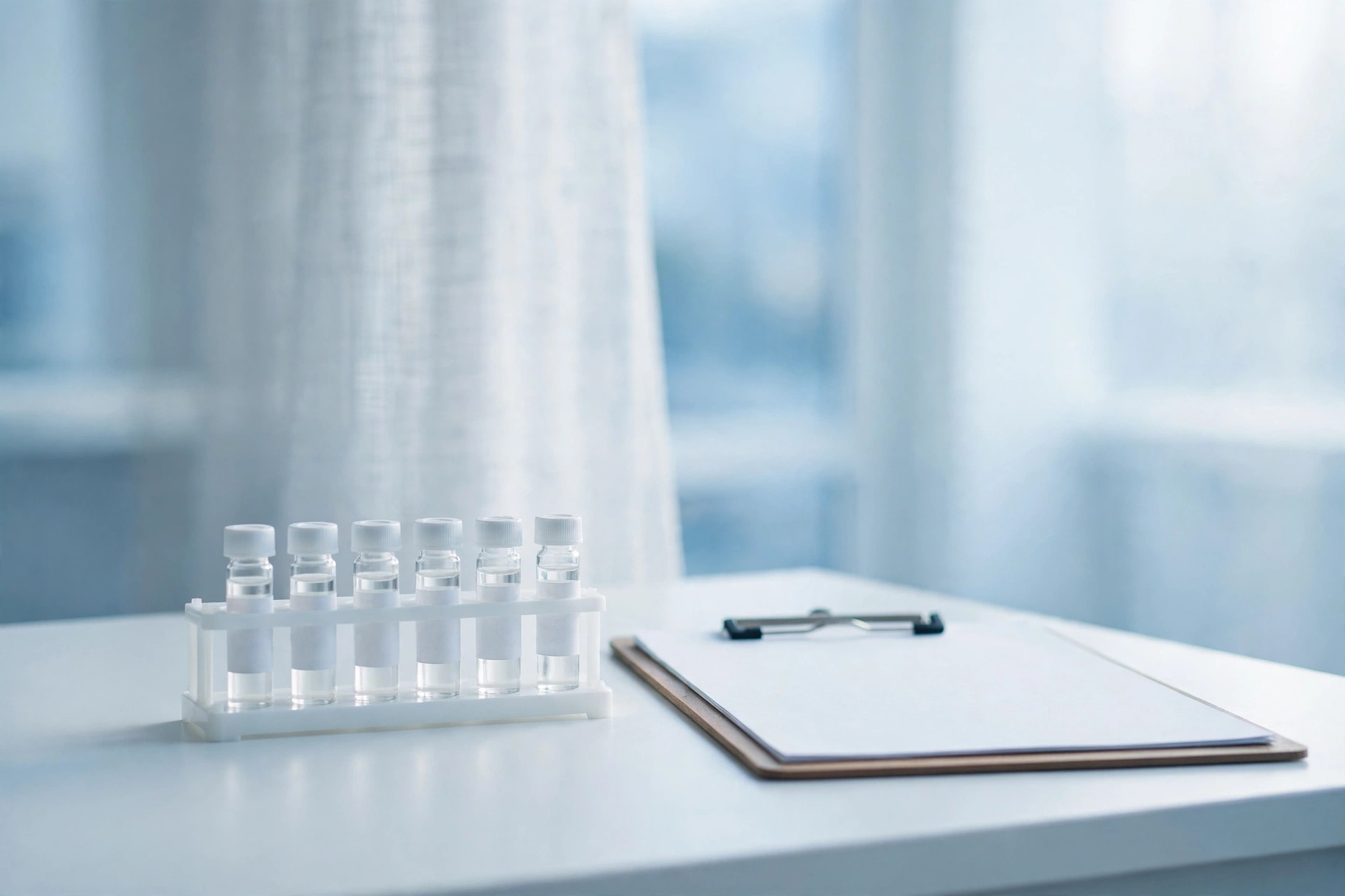 A bright clinical laboratory bench with hormone test vials in a rack