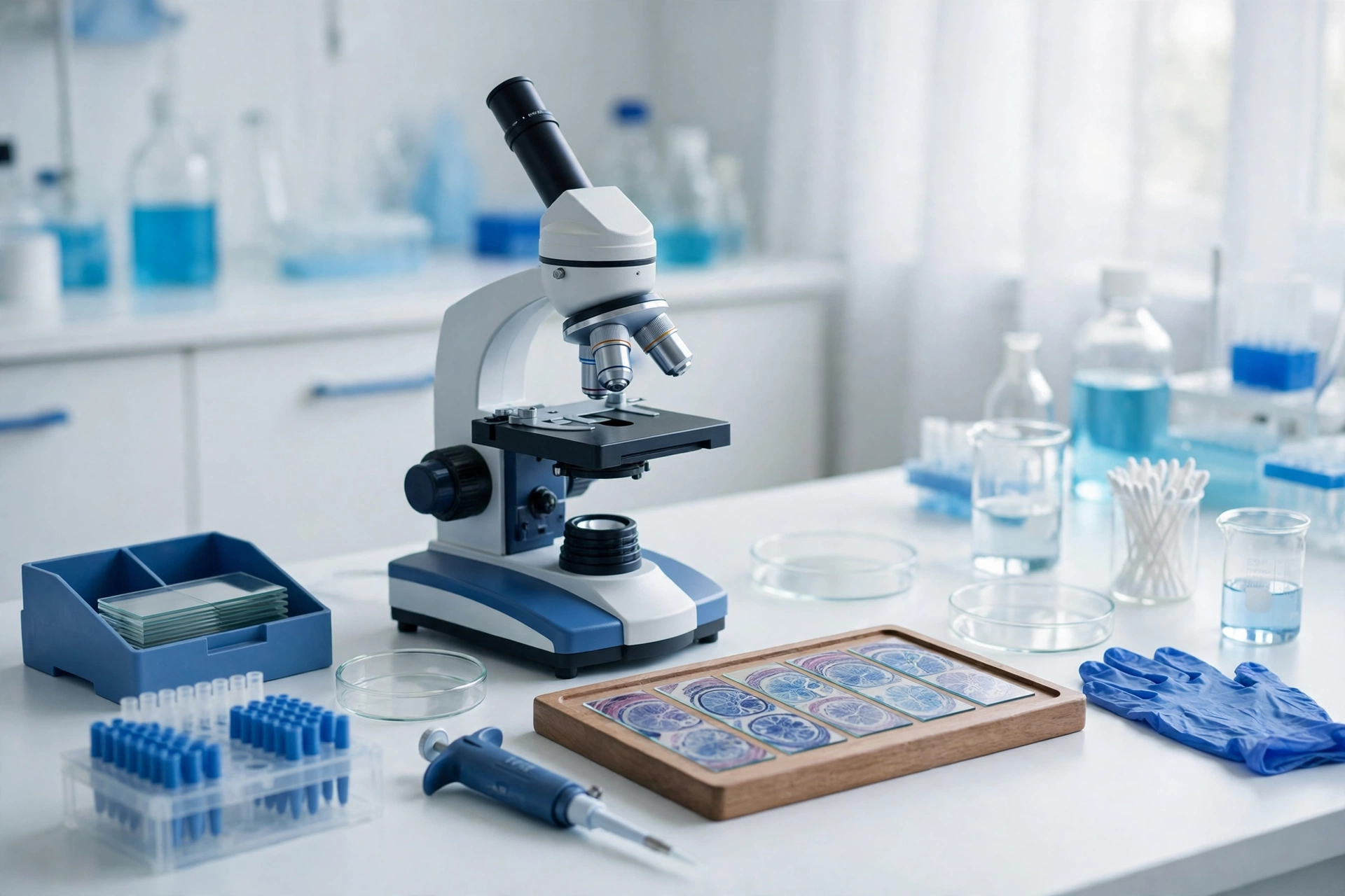 A bright laboratory bench with a microscope and kidney tissue slides