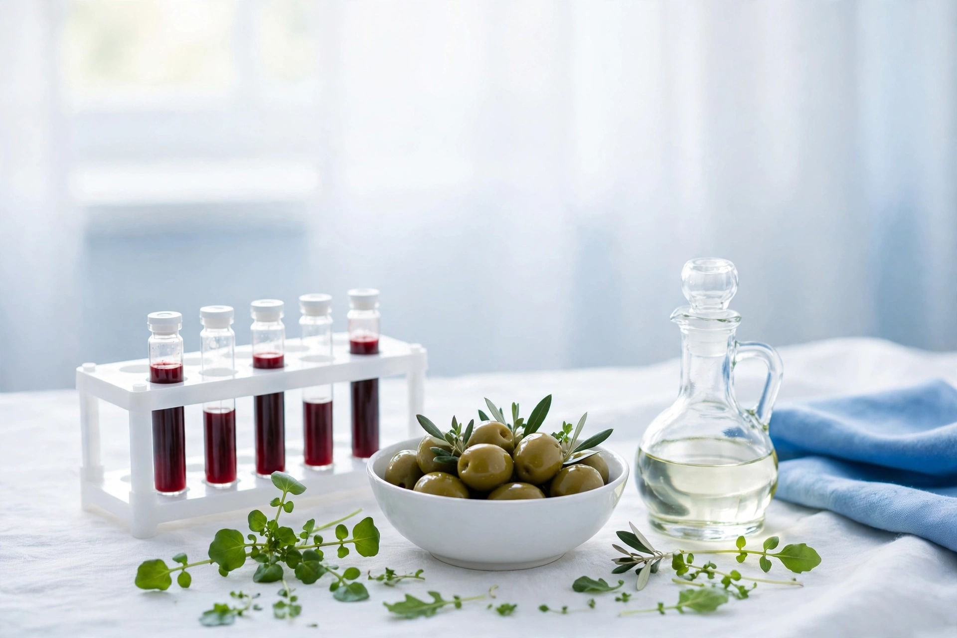 Blood sample vials beside olives, olive oil, and greens in bright light