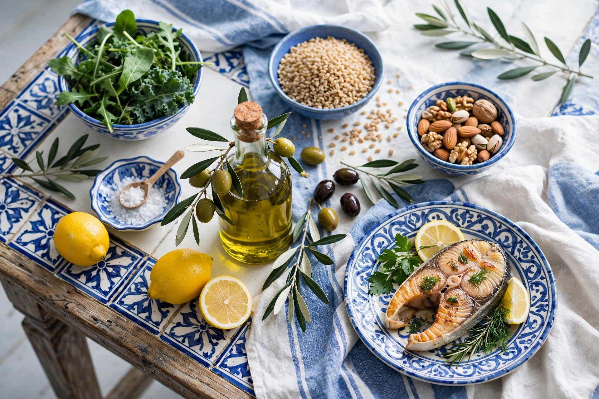A Mediterranean-style table with leafy greens, whole grains, nuts, olive oil and fish
