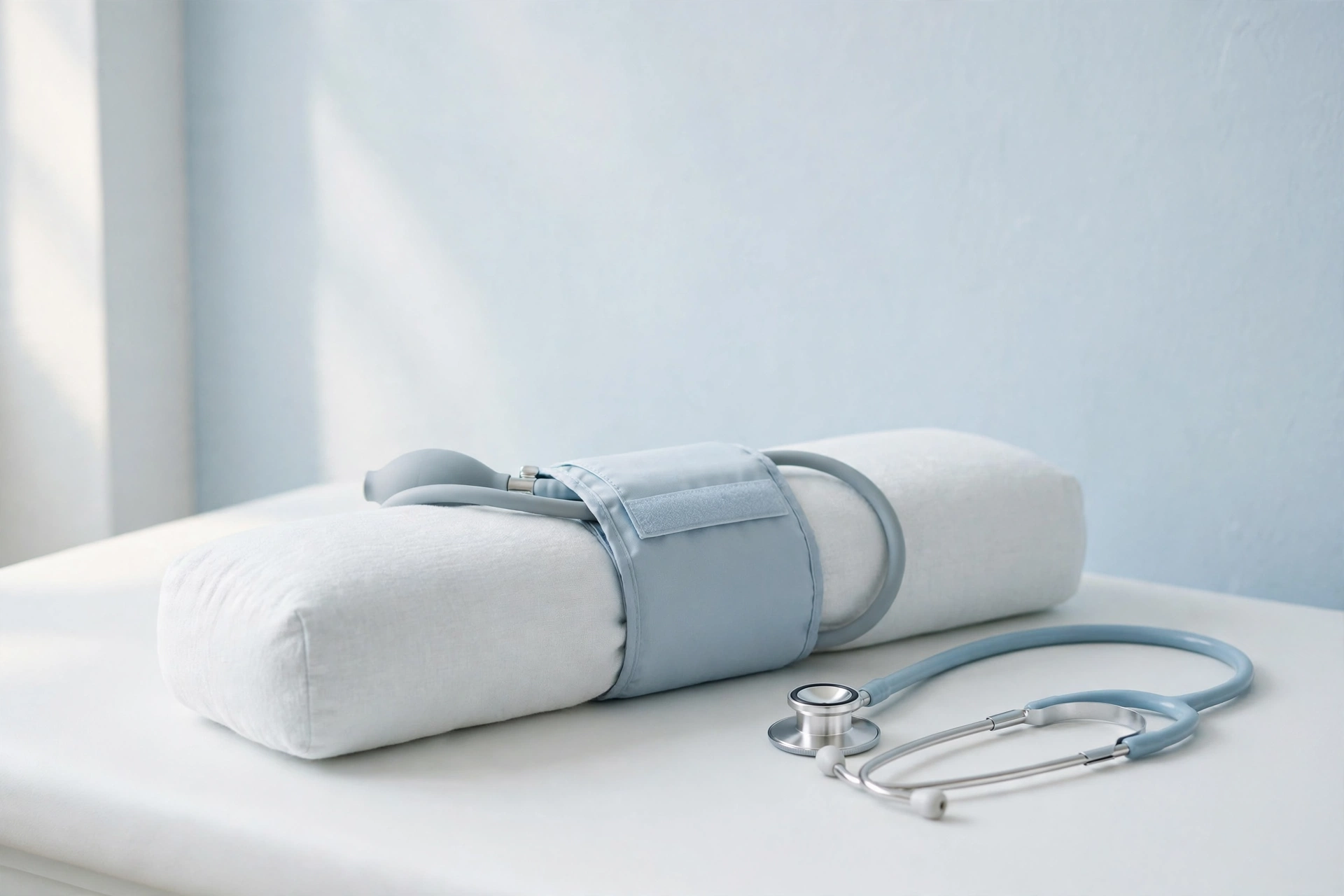 A pediatric blood pressure cuff resting on a bright exam table with a stethoscope