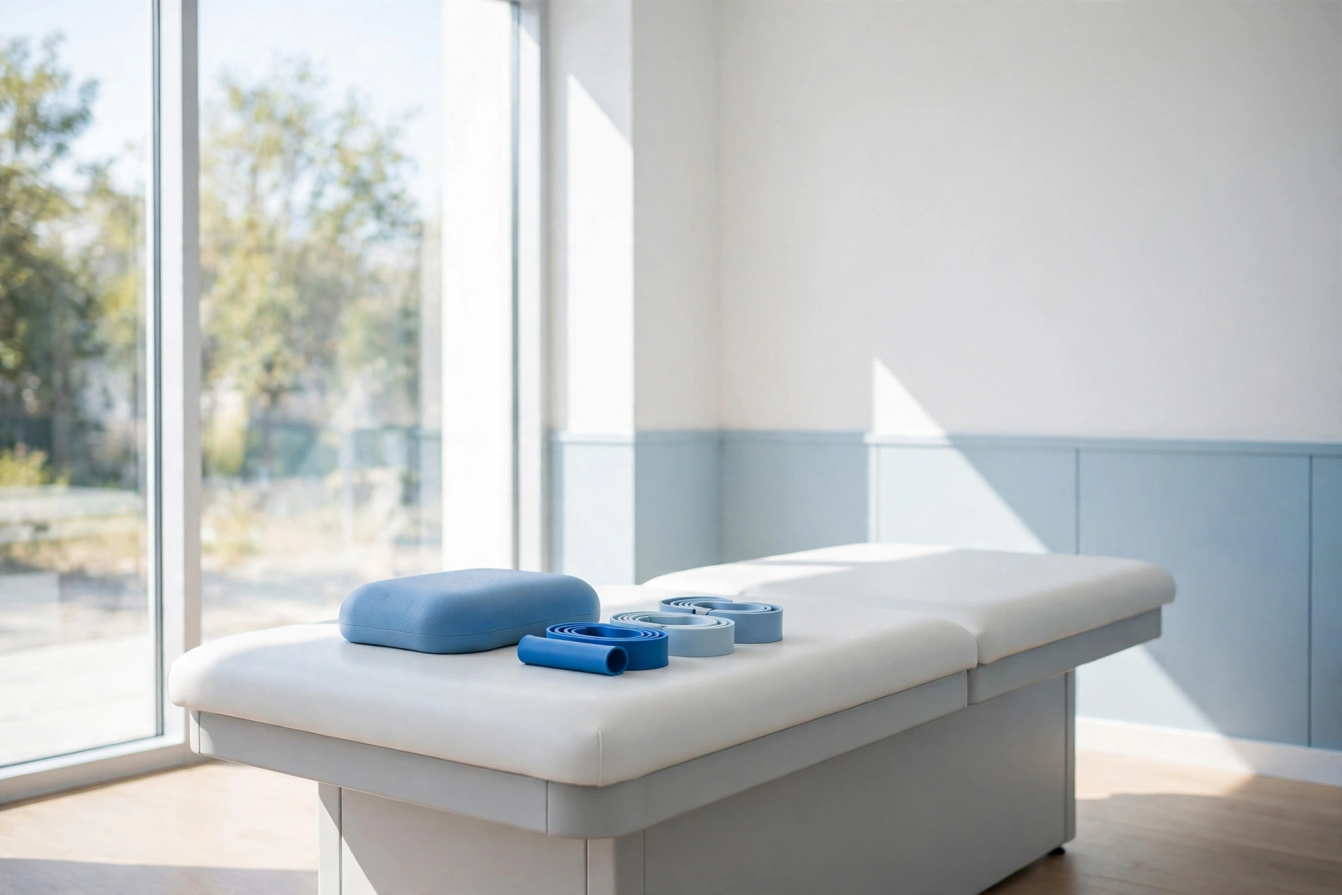 A bright sunlit physical rehabilitation clinic interior with a treatment table
