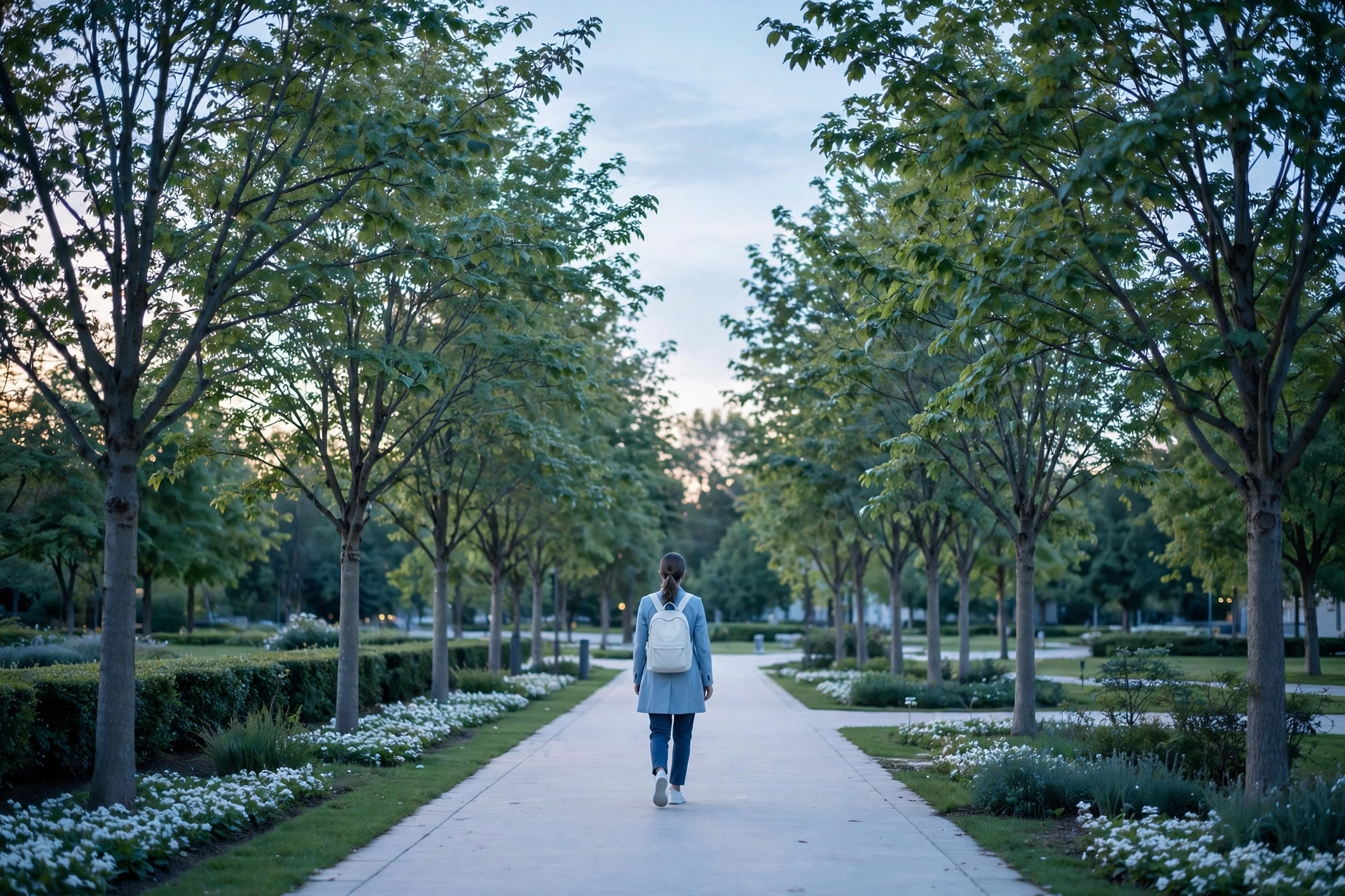 A person walking away on a tree-lined path in evening light