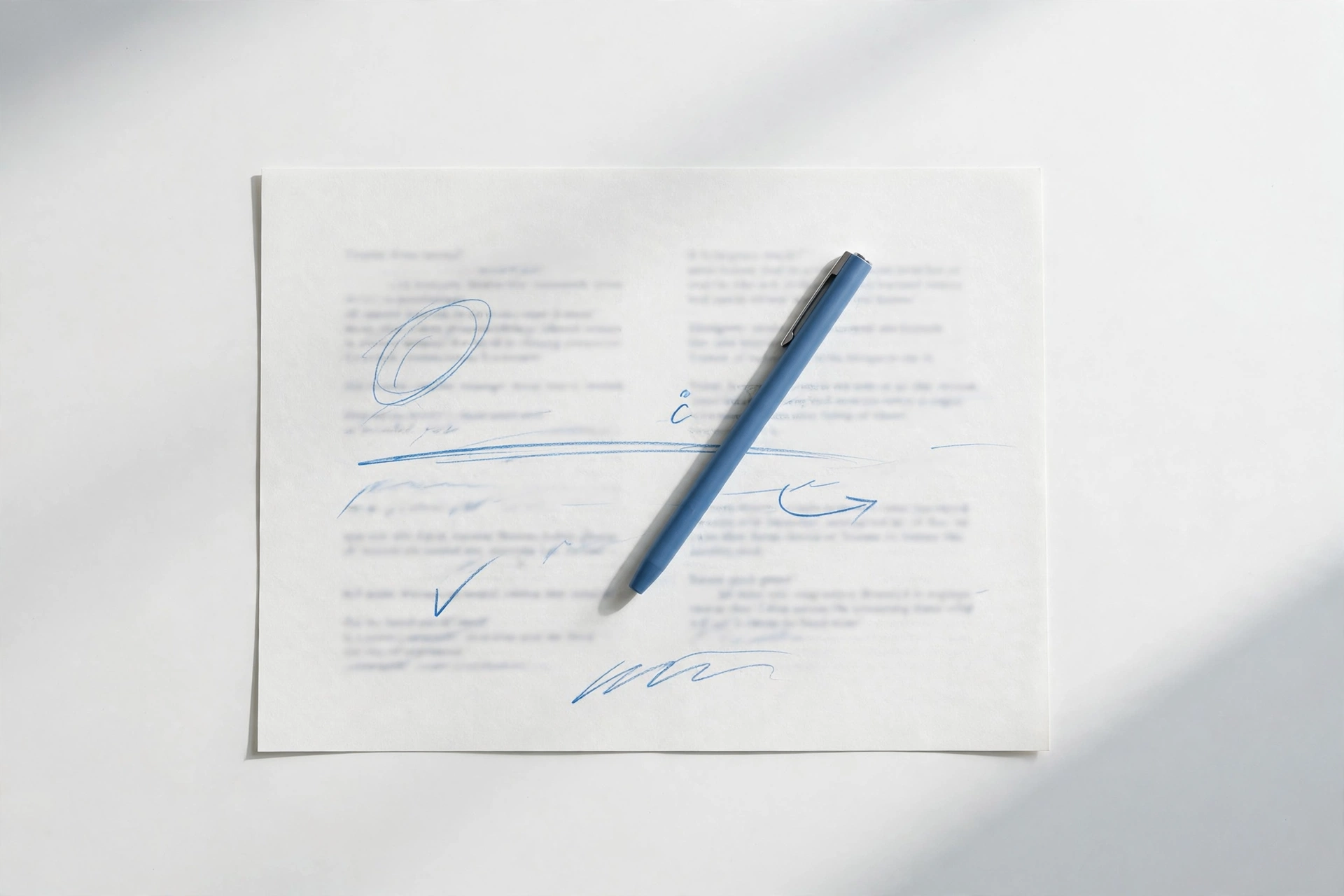 Una página de manuscrito con marcas de corrección en azul y un bolígrafo sobre un escritorio iluminado