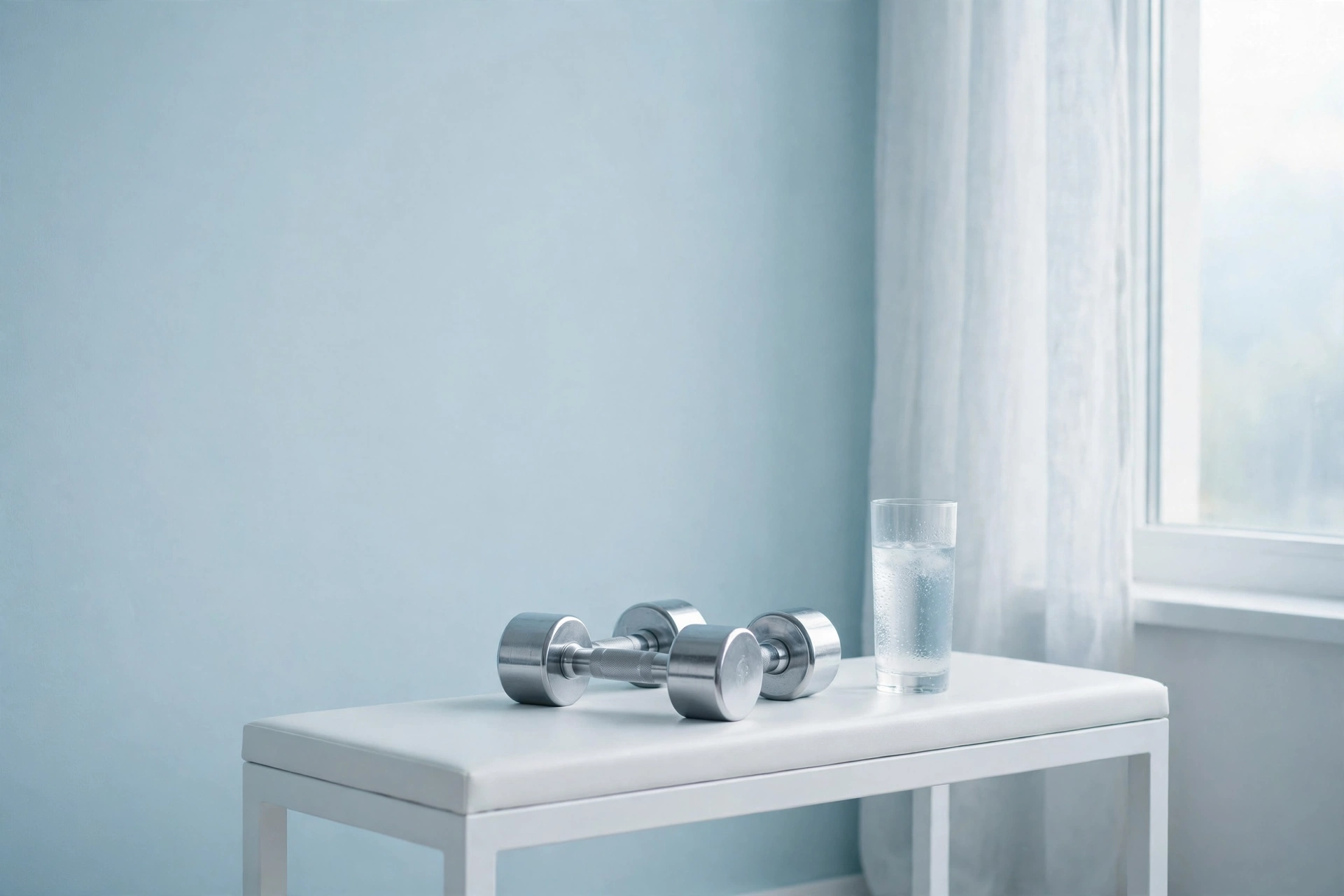 A pair of dumbbells and a glass of water in bright morning light