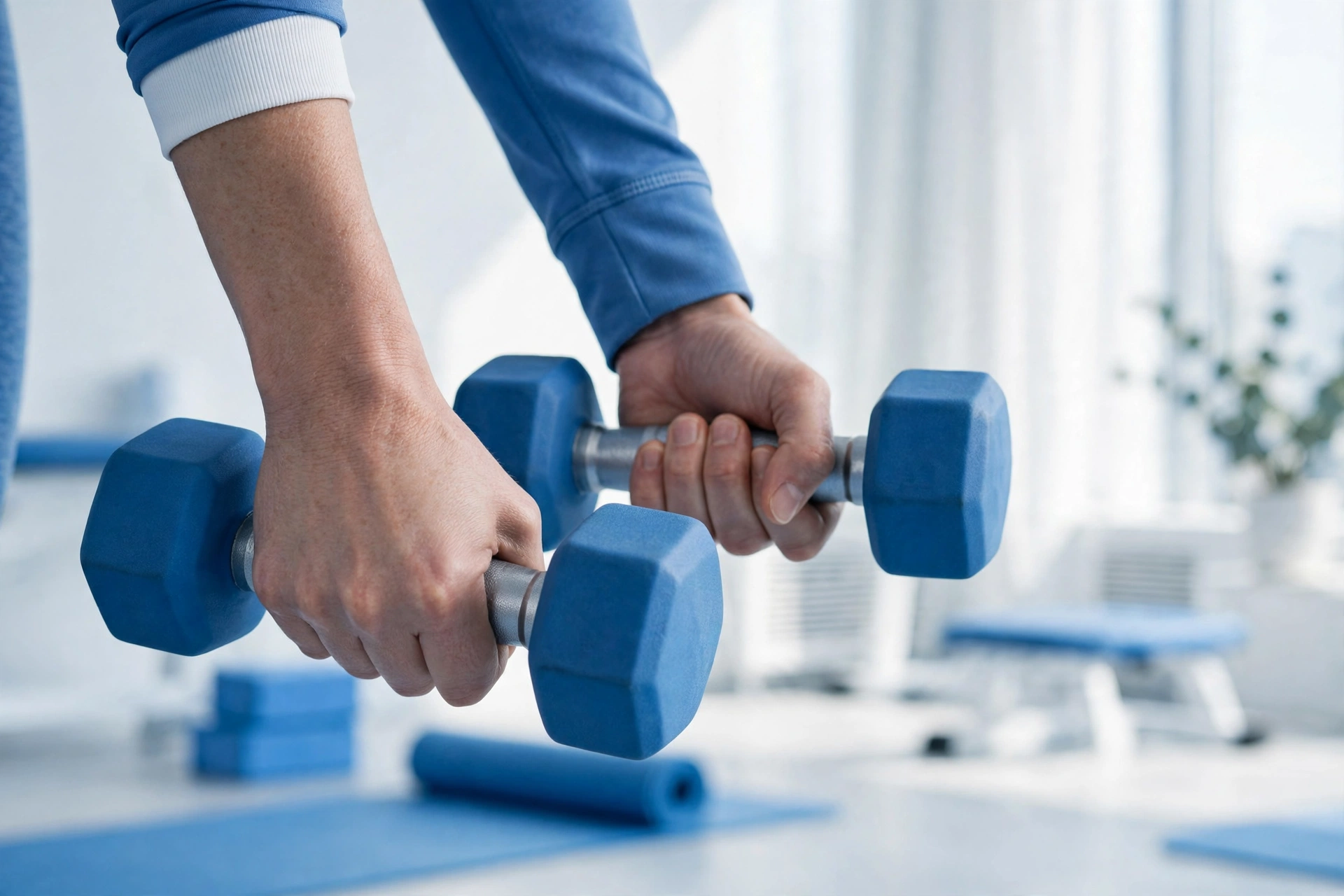 Hands gripping blue dumbbells in a bright gym
