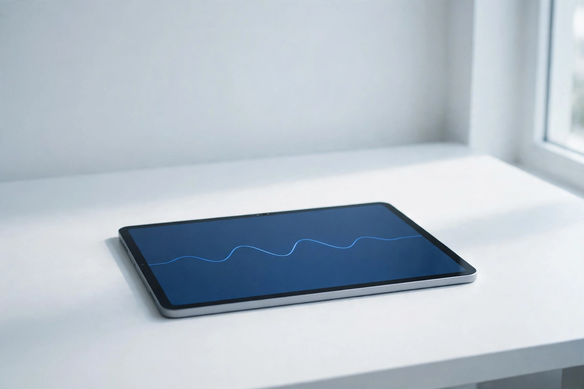 A single tablet showing a calm waveform on a light wood desk in bright window light