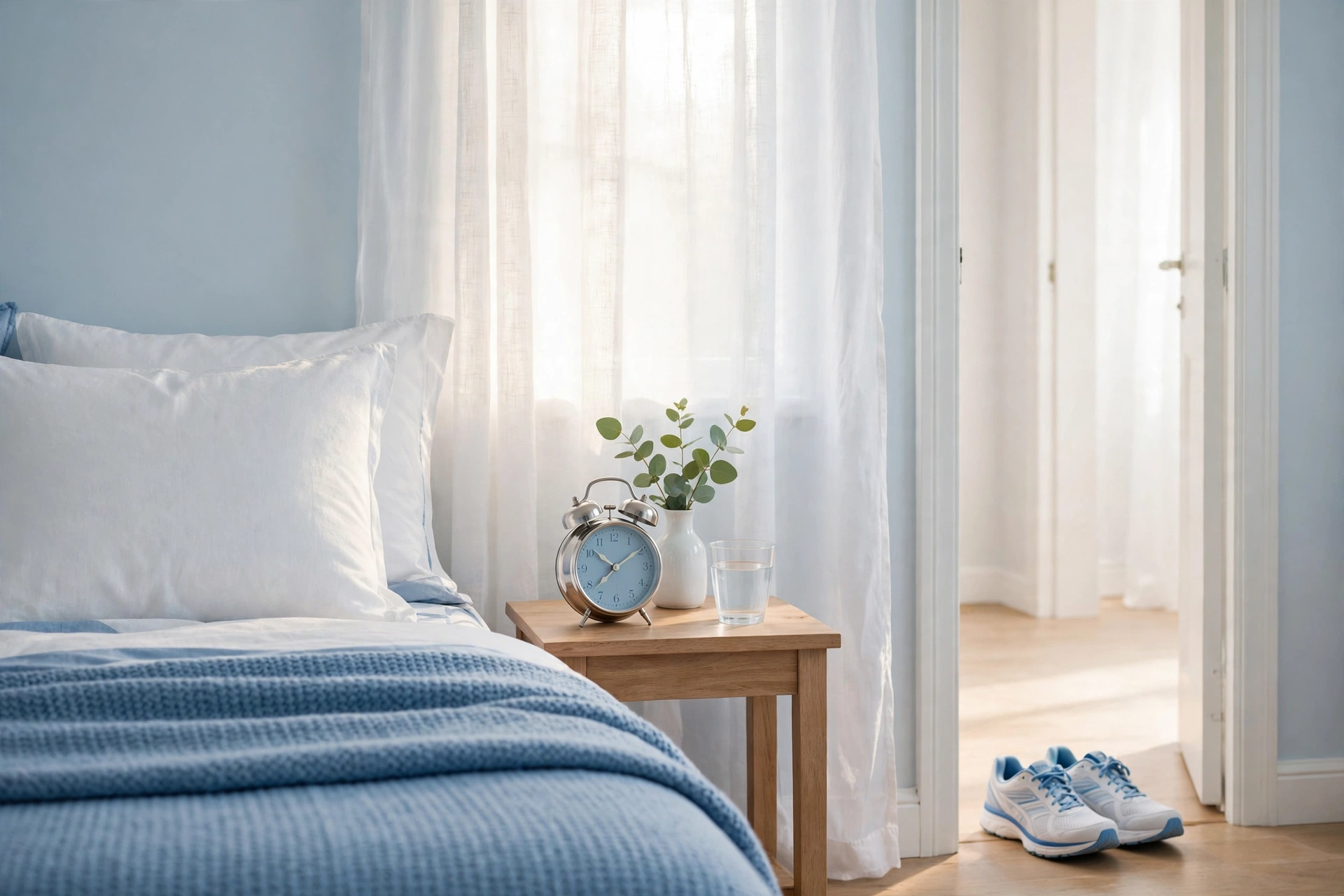 A quiet bedroom in morning light with an alarm clock and running shoes by the door