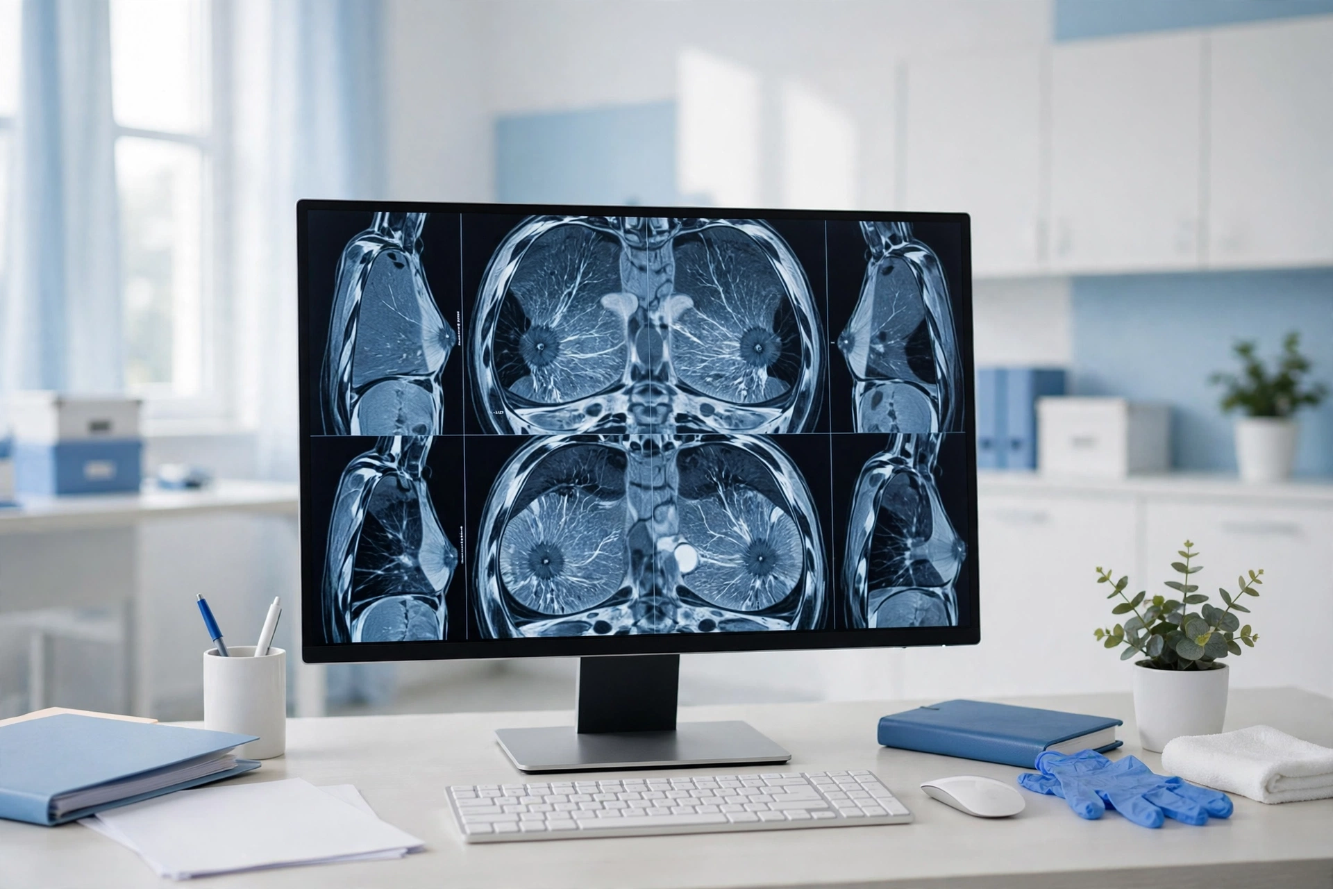 A breast MRI scan displayed on a radiology workstation monitor