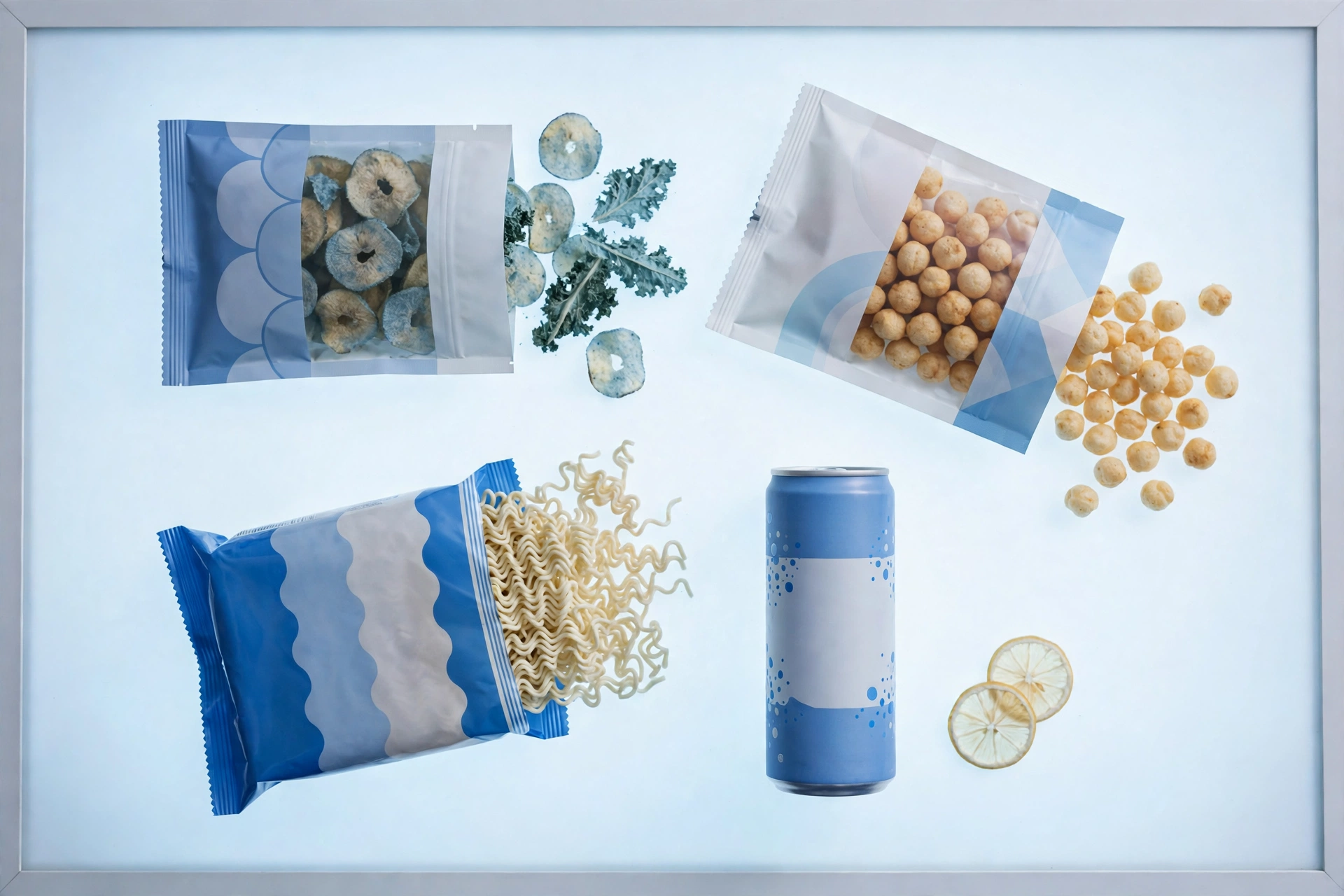 Packaged snack foods, instant noodles and a soft drink can on a light table